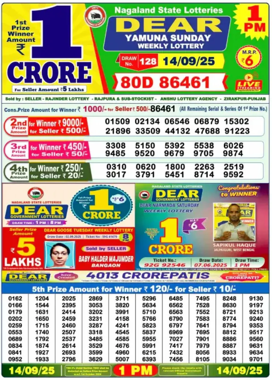 Lottery Sambad 1 PM Result Today 14 September 2025