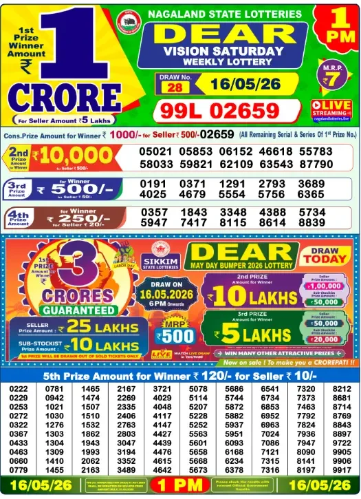 Lottery Sambad 1PM Result Today 16 May 2026