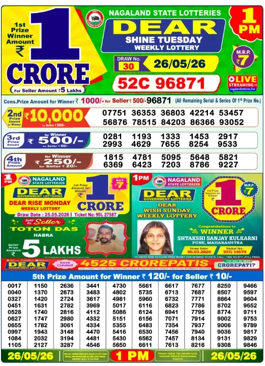 Lottery Sambad 1PM Result Today 26 May 2026 – Dear Morning Winner List